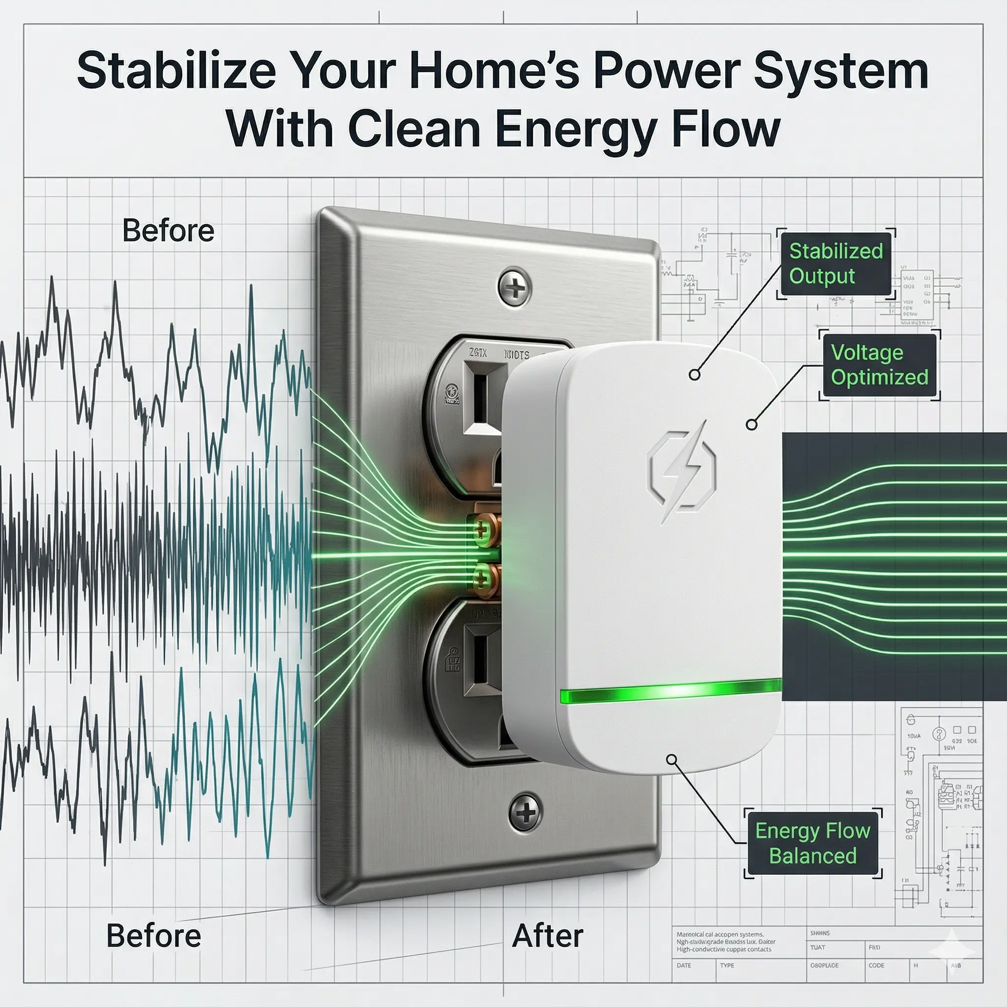 StopWatt plugged into a U.S. wall outlet stabilizing home electrical current