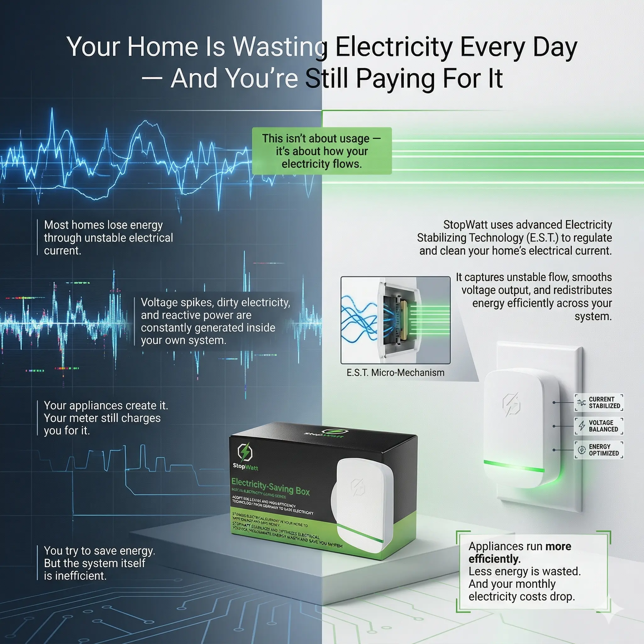 How StopWatt works: 3-step diagram showing dirty electricity filtering and reactive power recovery